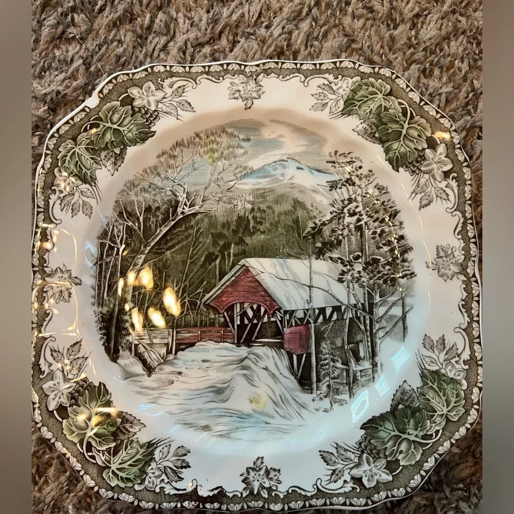 vintage friendly villagejohnson bros made in england covered bridge floral plate - Picture 1 of 3